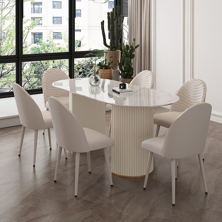 Oval Sintered Stone Dining Table Modern Table in White with Metal Double Pedestal