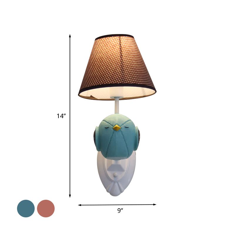Pink/Blue Bird Wall Mount Light Cartoon 1 Head Resin Sconce Lamp Fixture with Cone Brown Fabric Shade