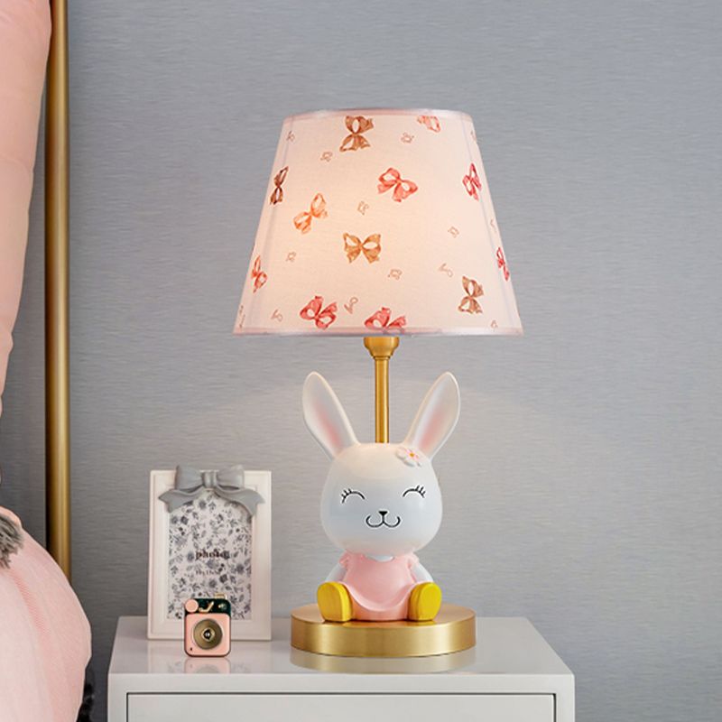 Cartoon Rabbit Night Stand Light Resin Single Bedroom Table Lamp with Tapered Fabric Shade in Pink and White