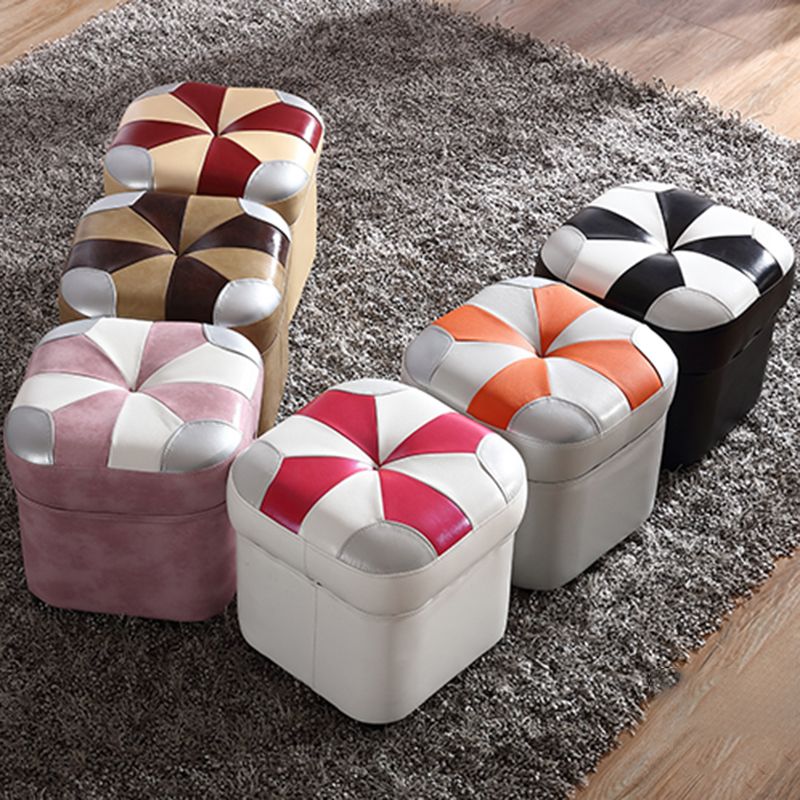 Modern Square Ottoman Contrast Panel Genuine Leather Indoor Footstool Ottoman