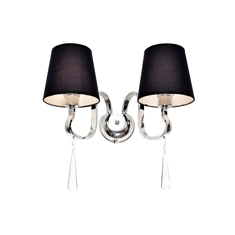 Black Taper Shade Wall Mount Light Modern 2-Bulb Fabric Sconce Fixture with Stainless Steel Wavy Arm and Crystal Drop
