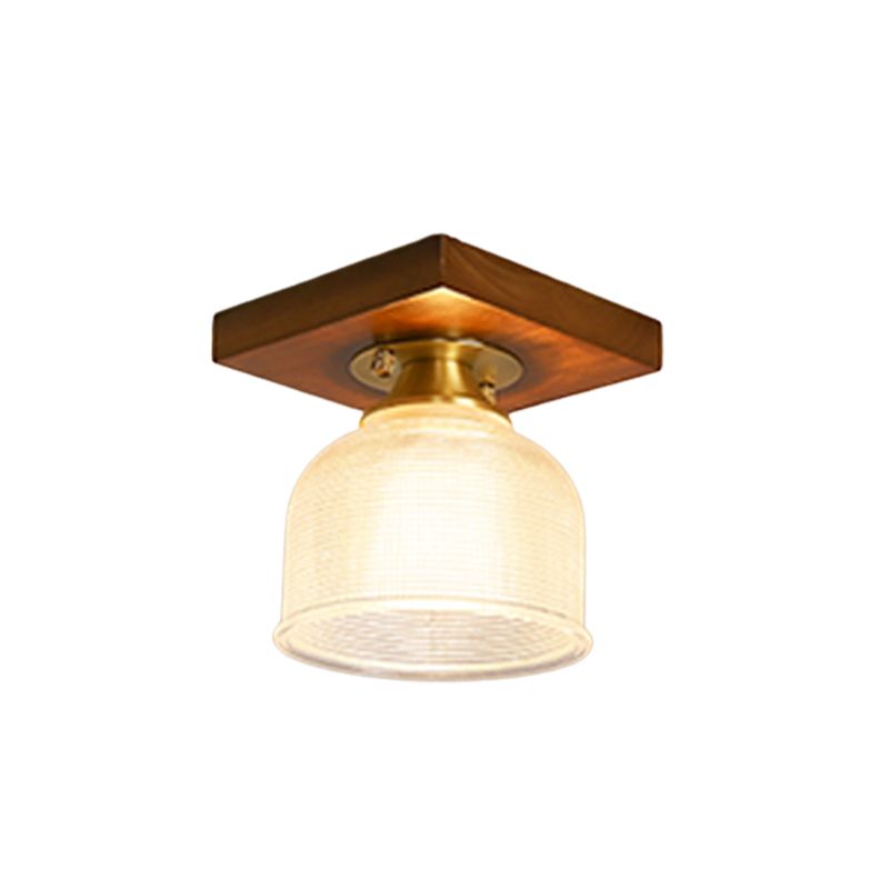 Modern Wood Ceiling Light Geometric Shape Flush Mount with Glass Shade for Living Room