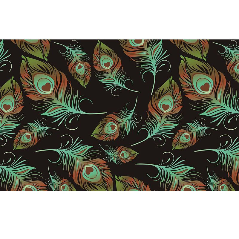 Feathers Wallpaper Murals in Black and Green, Contemporary Wall Art for Living Room