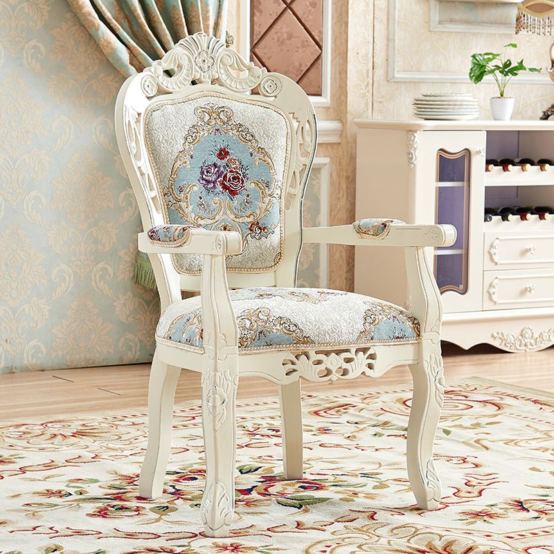 European Style Birch Cotton Arm Chair Light Color Solid Back Dining Chair with White Legs