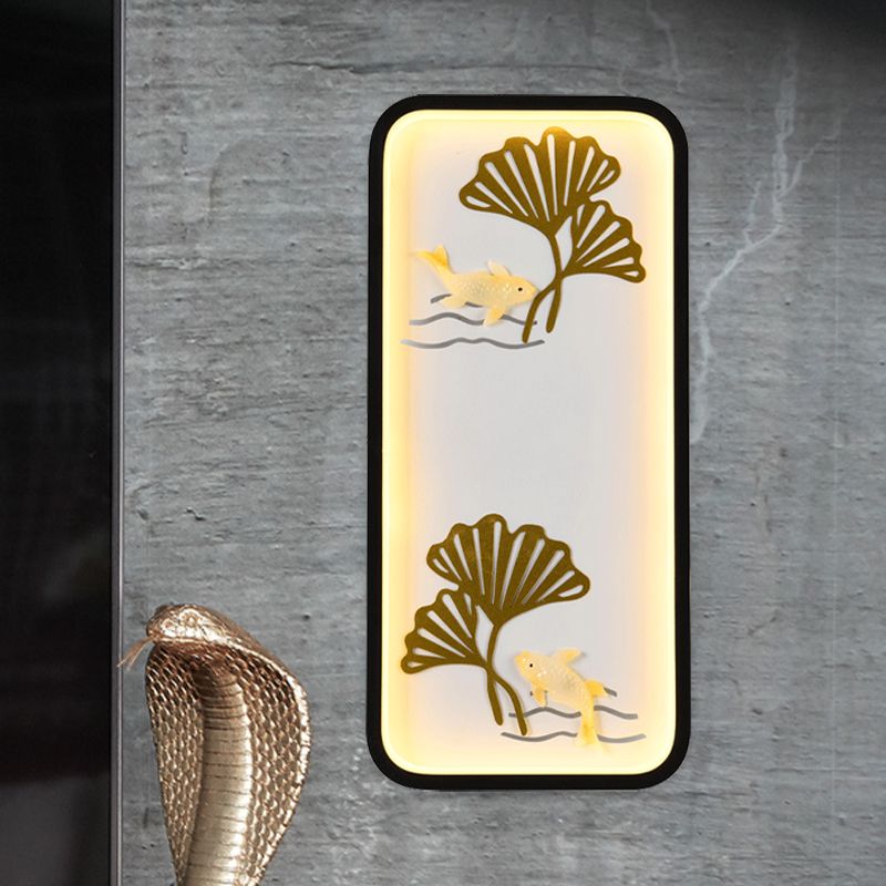 Éclairage mural à chambre à coucher LED Style chinois Black Ginkgo Mur à motifs mural mural avec une teinte en métal rectangulaire