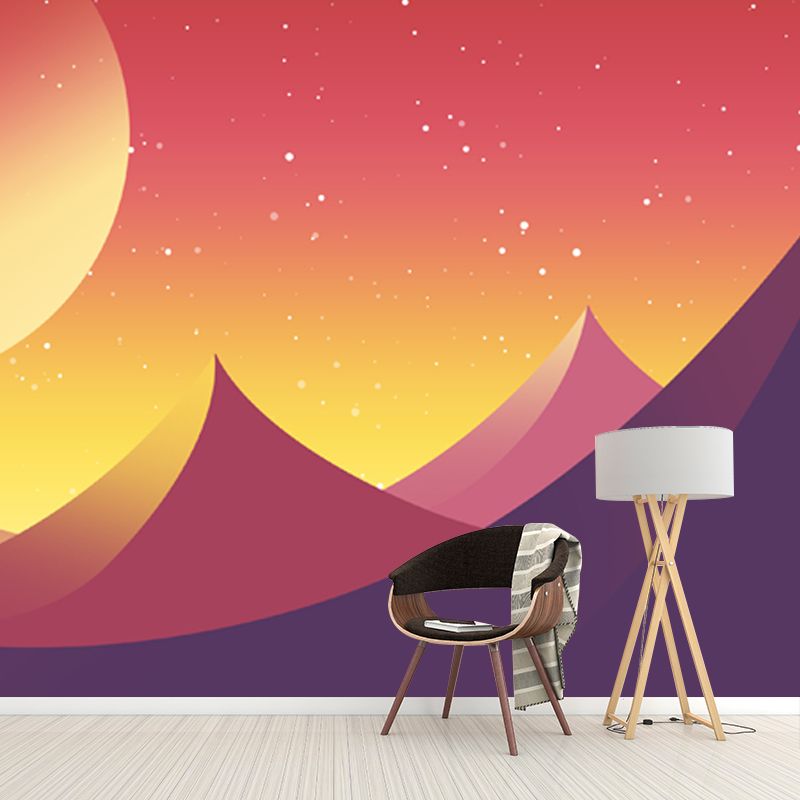 Illustration Crescent over Desert Mural for Bedroom, Orange, Custom Size Available