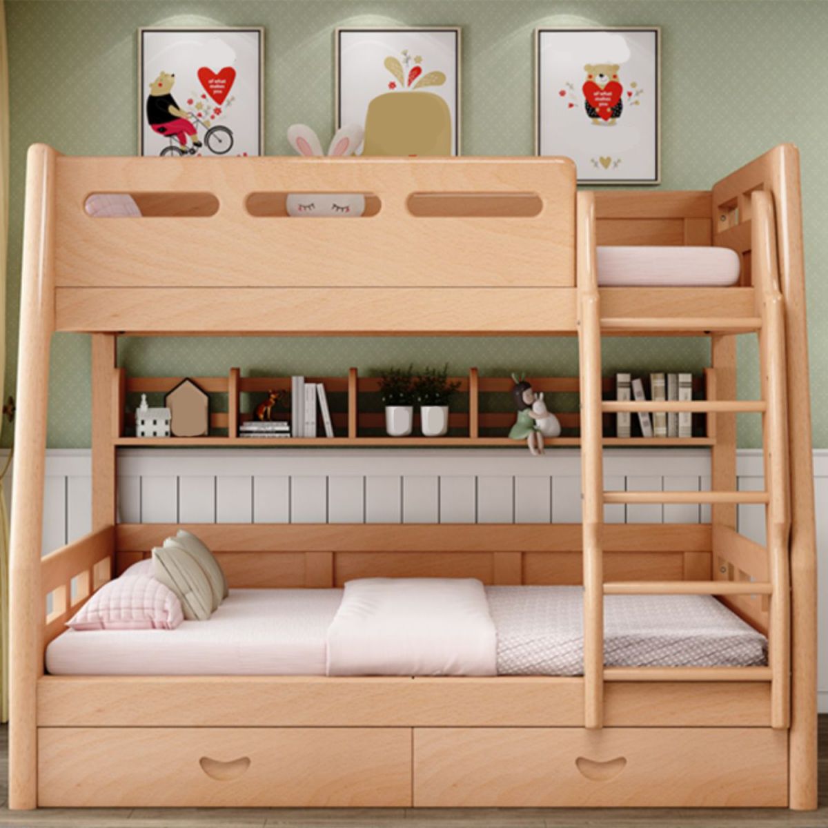 Natural Solid Wood Kids Bed Natural Bunk Bed with Guardrail and Mattress