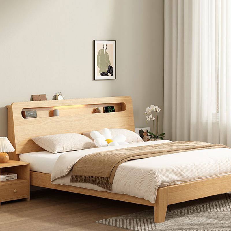 Natural Solid Wood Panel Bed with Headboard Standard Bed with Shelves