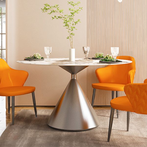 Sintered Stone Top Dining Table in White for Restaurant Modern Round Table with Metal Pedestal