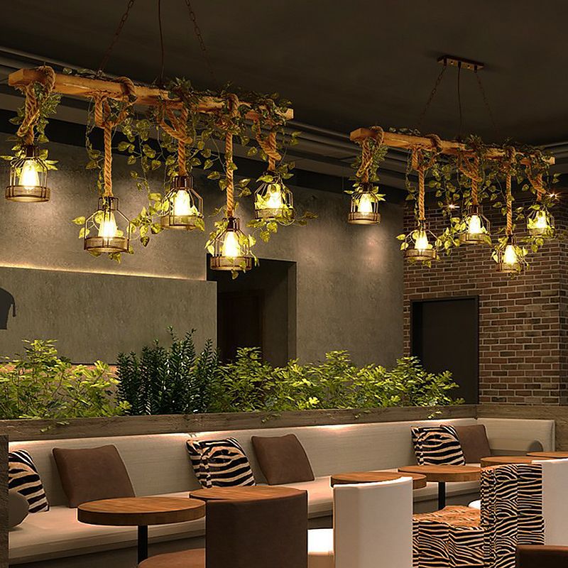 Wooden Brown Island Light Linear 5 Heads Rustic Pendant Light with Cage Shade and Green Art Ivy