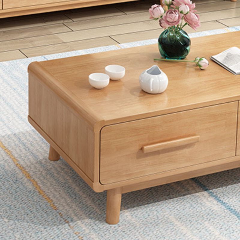 Scandinavian Coffee Table with 2 Drawers and 4 Wooden Legs in Rubberwood