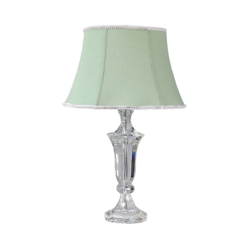 1 Light Paneled Bell Table Lamp Rustic Green Fabric Night Light for Bedroom with Crystal Base