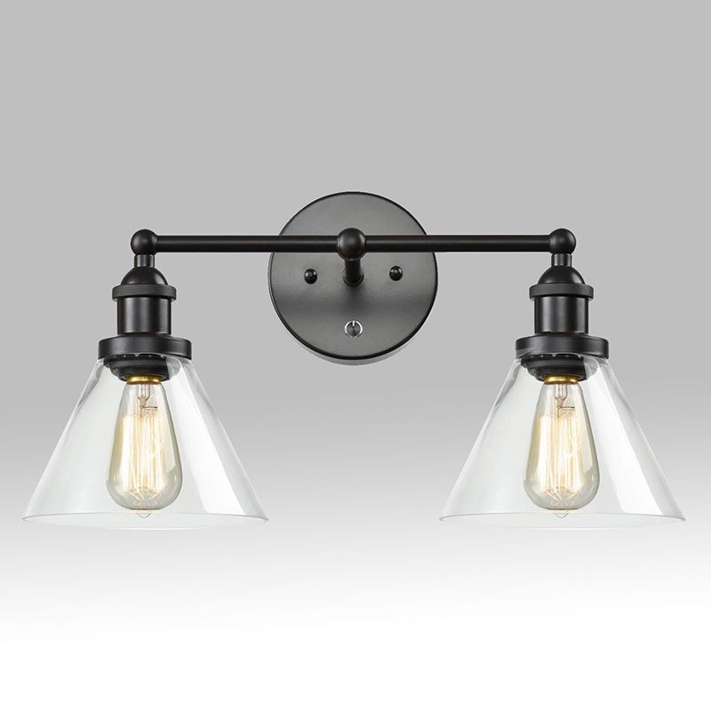 Conical Shade Industrial Wall Mounted Lamp 2 Lights Vanity Sconce in Clear Glass Cage