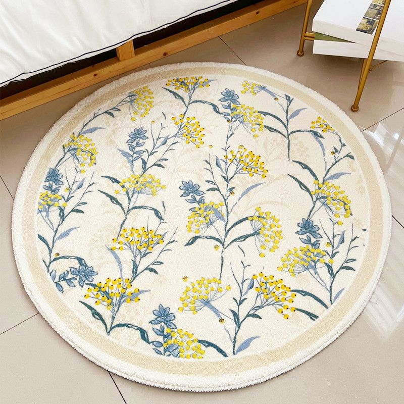 Simple Pastoral Flower Rug Round Carpet Non-Slip Backing Rug for Home Decor