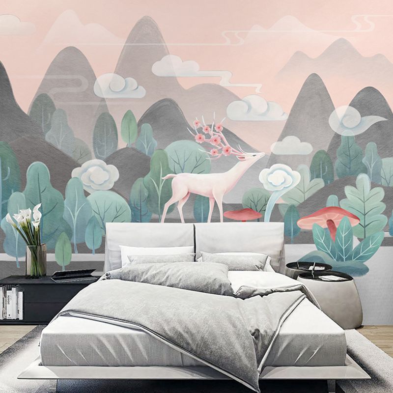 Contemporary Grey and Green Mural with Deer and Mountain Pattern for Commercial Use, Non-Woven Material