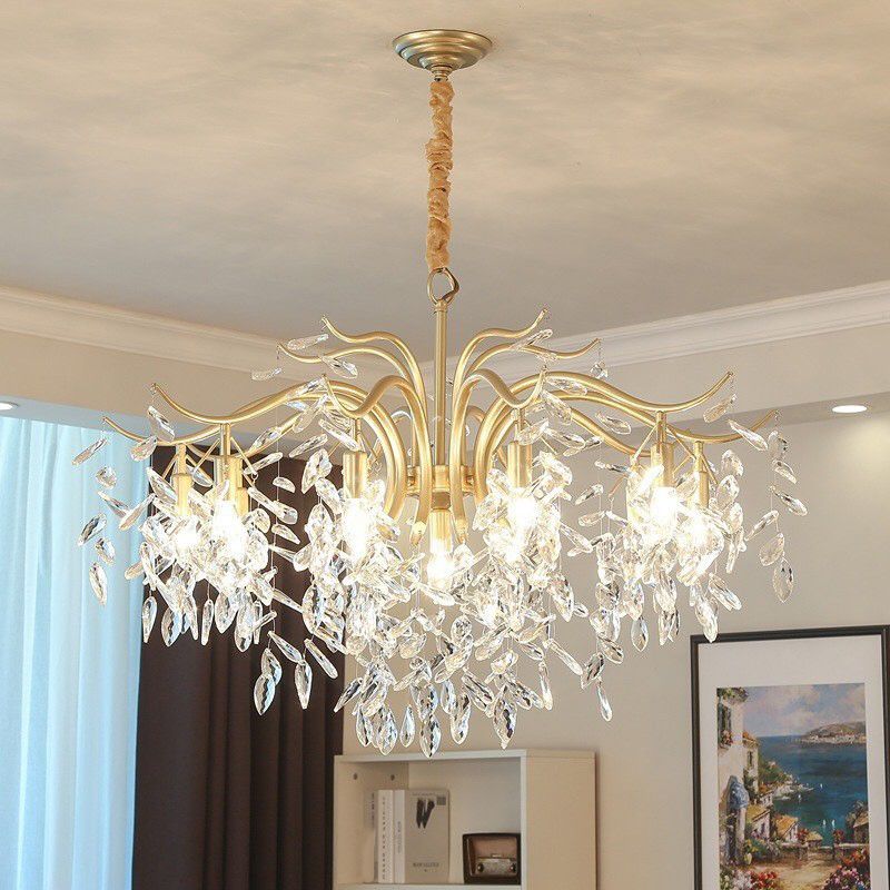 Crystal Leaf Pendant Light Fixture Country Style Living Room Chandelier in Gold