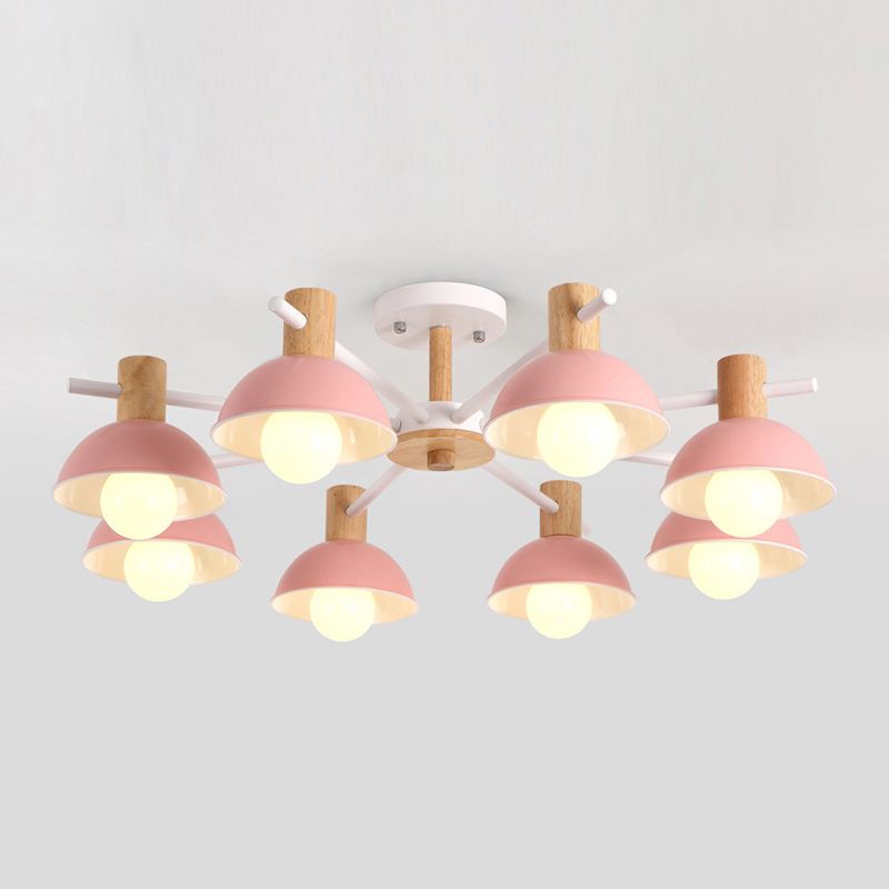 Metallic Bowl Shade Ceiling Light Macaron Style 8-Light Wood Lighting Fixture for Bedroom