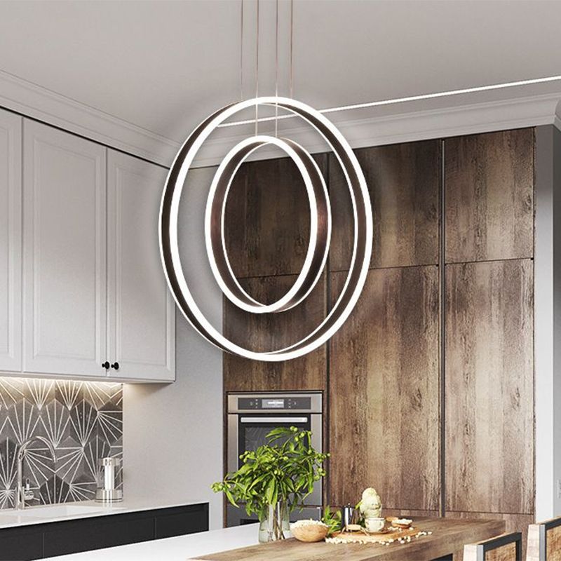 Dark Coffee Dual Hoop Pendant Light Minimalist LED Aluminum Down Lighting in Warm/White Light