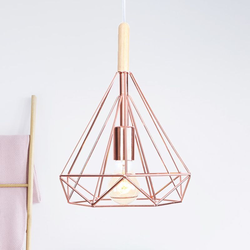 Diamond Metal Cage Pendant Light Nordic Industrial 1 Light Ceiling Hanging Light in Rose Gold