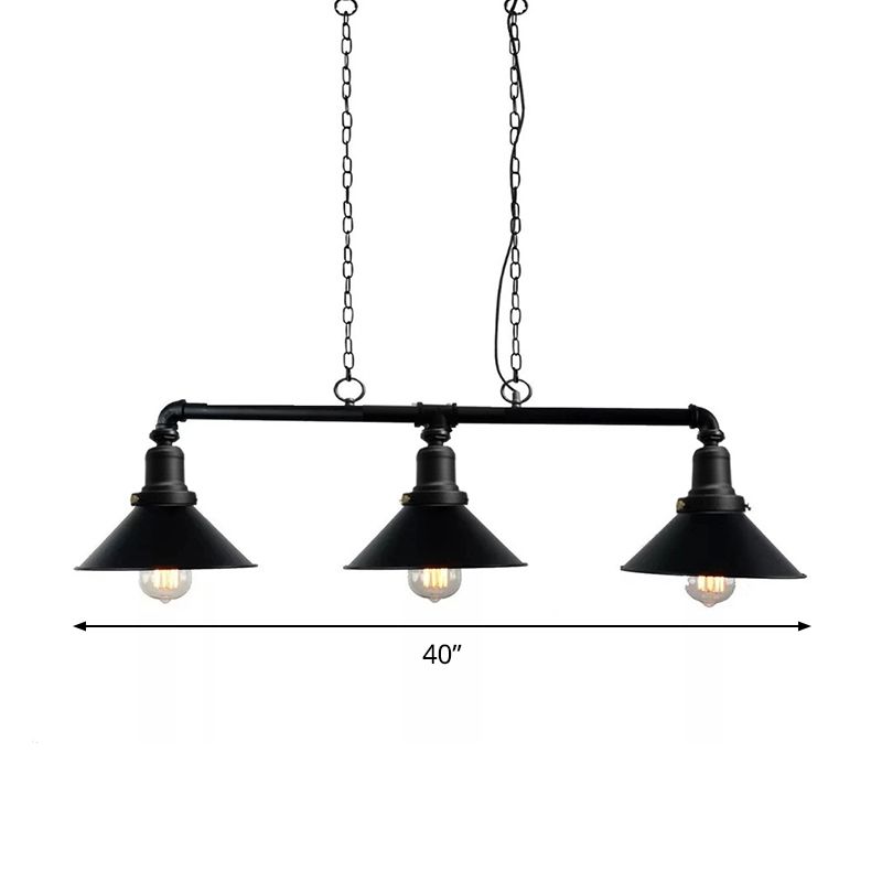 3 Lights Conical Island Light Fixture Vintage Black Finish Metal Pendant Lighting for Dining Room