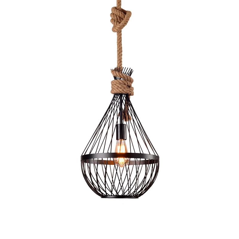 Pear-Shaped Iron Suspension Lighting Retro 1 Head Restaurant Pendant Ceiling Light with Hemp Rope in Black