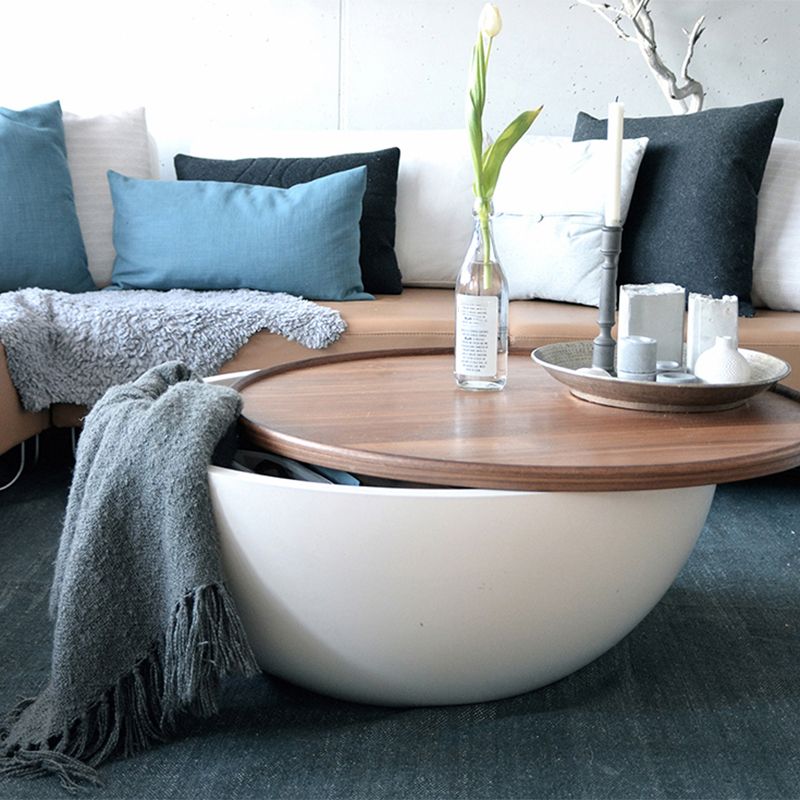 Abstract Coffee Cocktail Table with Trunk Storage Modern Round Glass Top