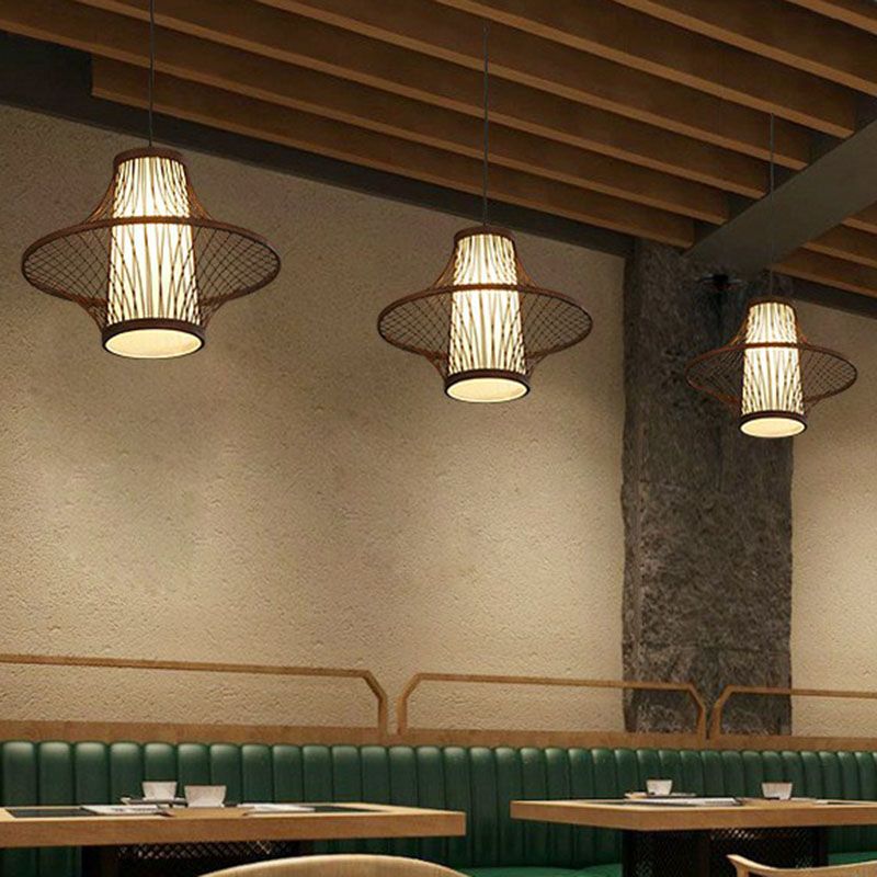 Flared Bamboo Pendant Light Fixture Asian Single Bulb Suspension Lighting with White Shade Inner