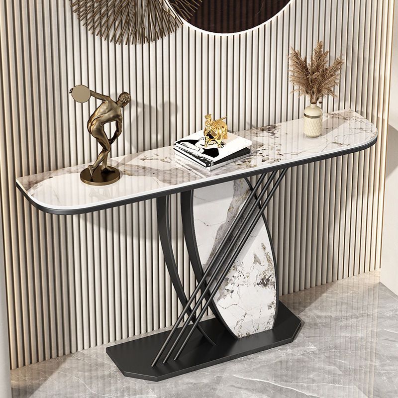 Glam Stone Iron Accent Table Half Moon Console Sofa Table for Hall