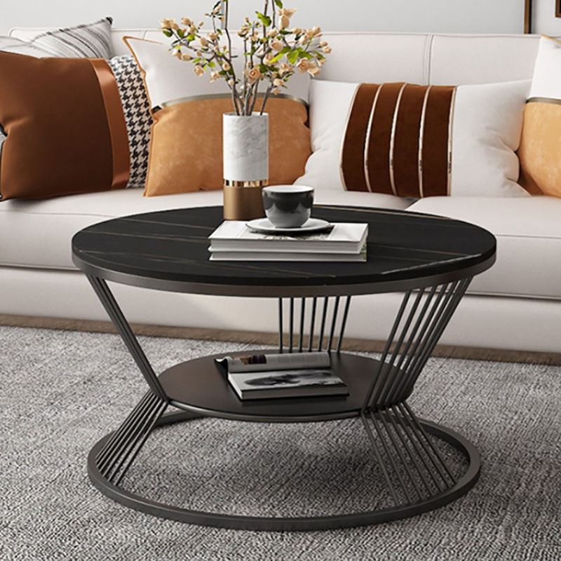 Glam Round Stone Top Coffee Table with Steel Shelf and Frame Base