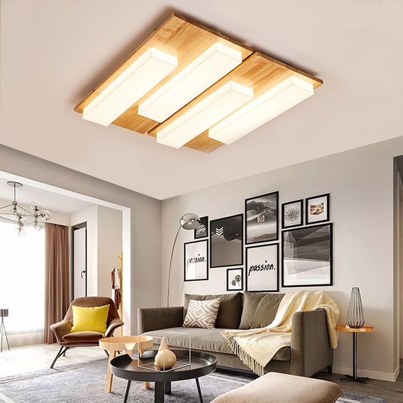 Lámpara de techo LED Beige acrílica de madera clara empotrada rectangular de estilo japonés en Natural/blanco para baño