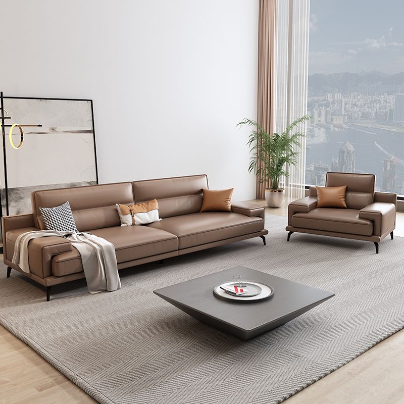 Modern Sewn Pillow Back Cushions Sofa Genuine Leather Square Arm Sofa in Brown