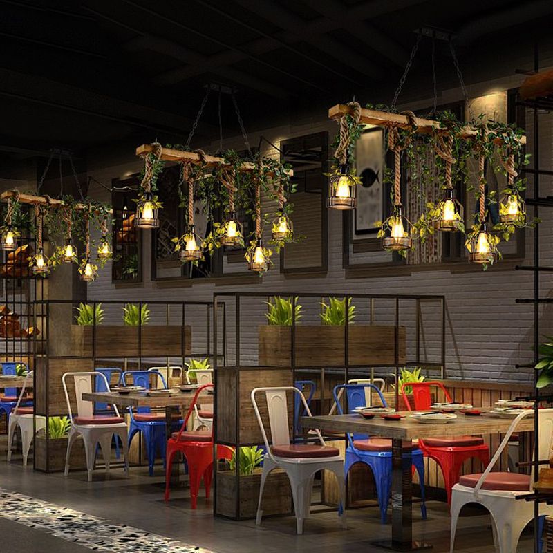 Island Pendant Light Industrial Style Linear Wood Hanging Chandelier Beige with Cage Shade