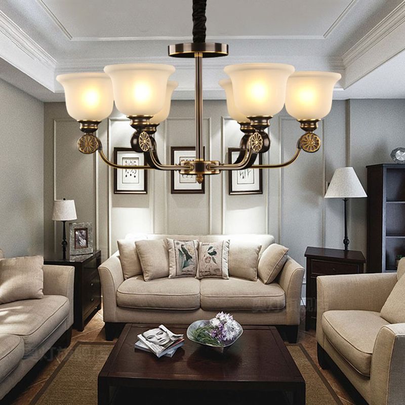 Black and Gold 6 Bulbes Plafond Chandelier Traditionalisme Verre Sable Bloche suspendue suspendue