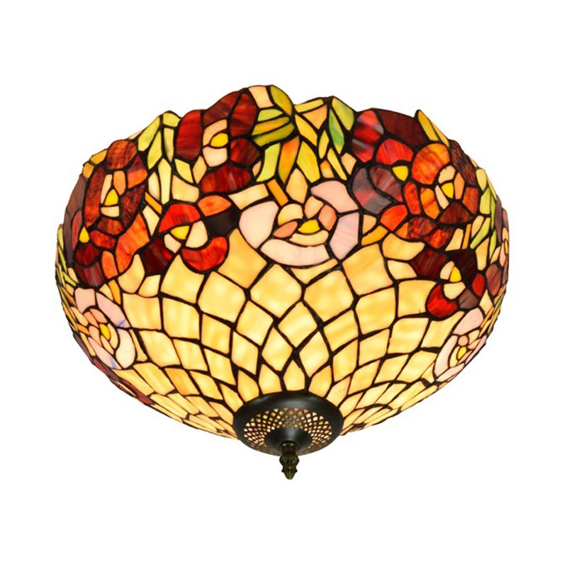 Tiffany-Style Bloom Flush Mount Recessed Lighting 3 Bulb Handcrafted Stained Glass Close to Ceiling Lamp in Bronze