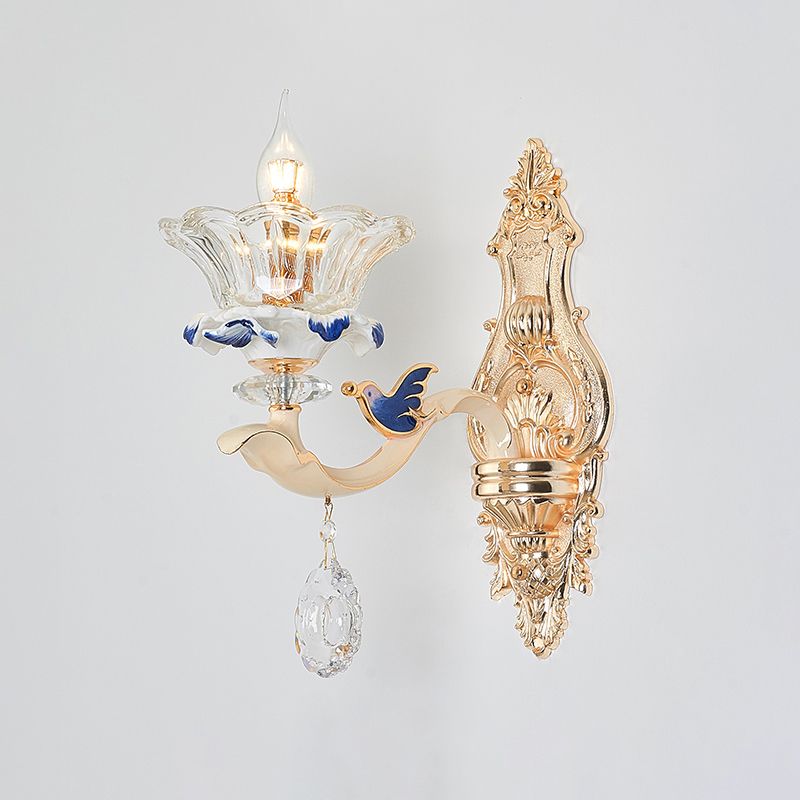Flower Ribbed Glass Suspension Light Retro Style Living Room Chandelier Light with Crystal Draping in White