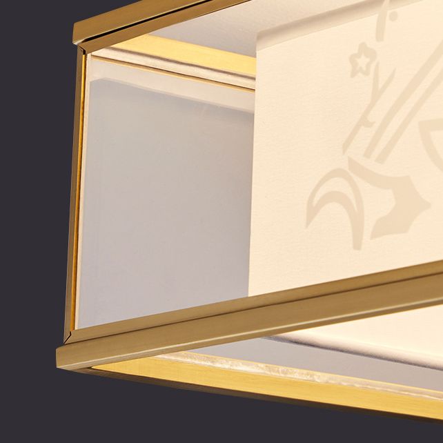 Quadratische Unterputzleuchte im Landhausstil, Deckenleuchte aus Stoff mit Tüllschirm außen in Gold