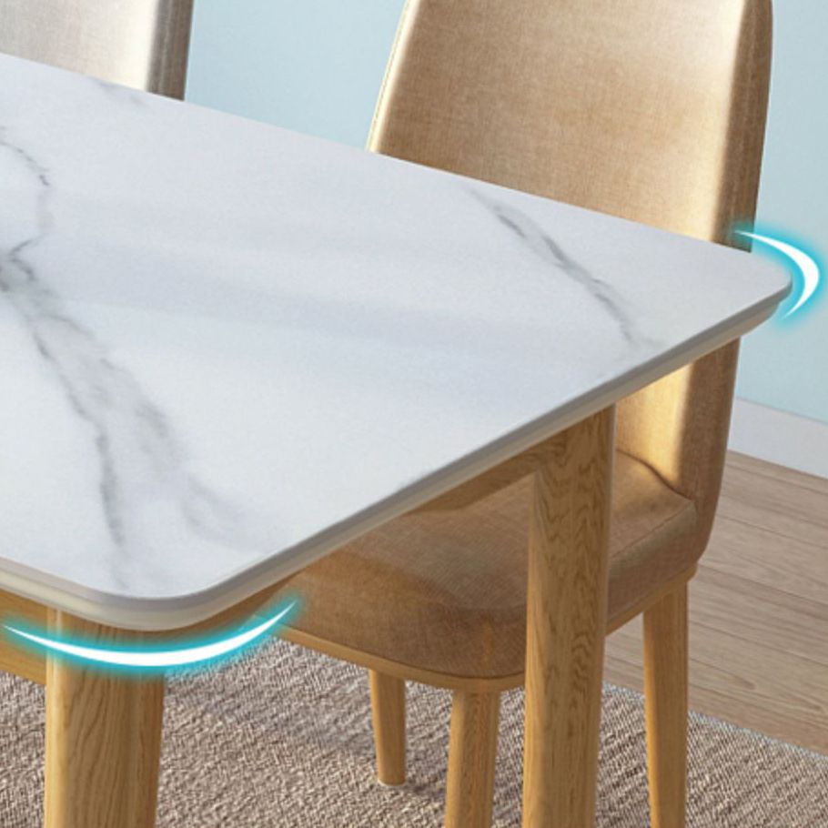 Modern White Rectangle Stone Dining Table with 4 Solid Wood Foot