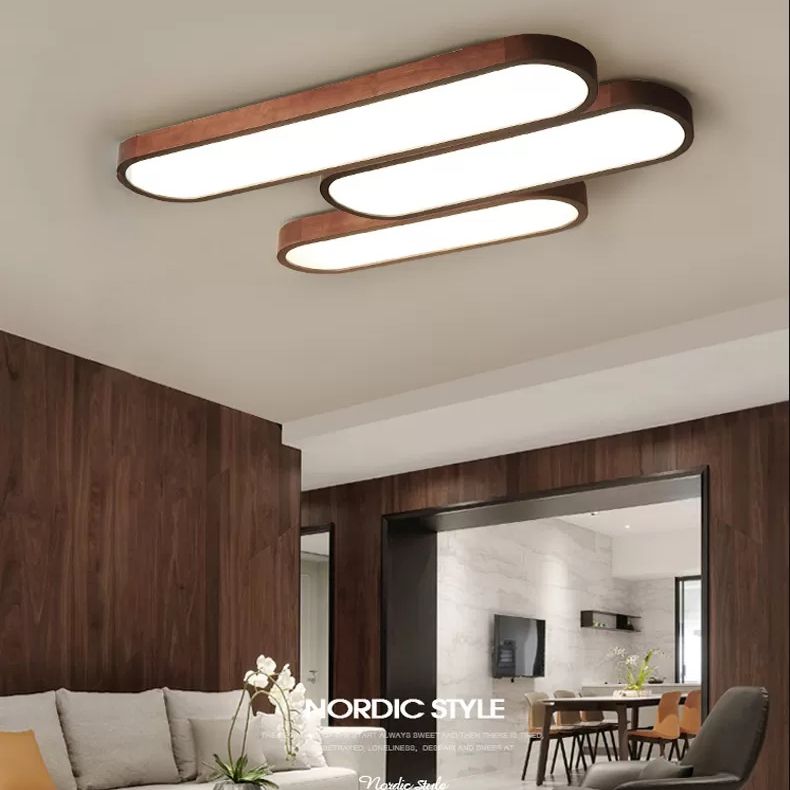 Plafonnier nordique en bois foncé pour salle à manger, luminaire de plafond avec abat-jour oblong en acrylique