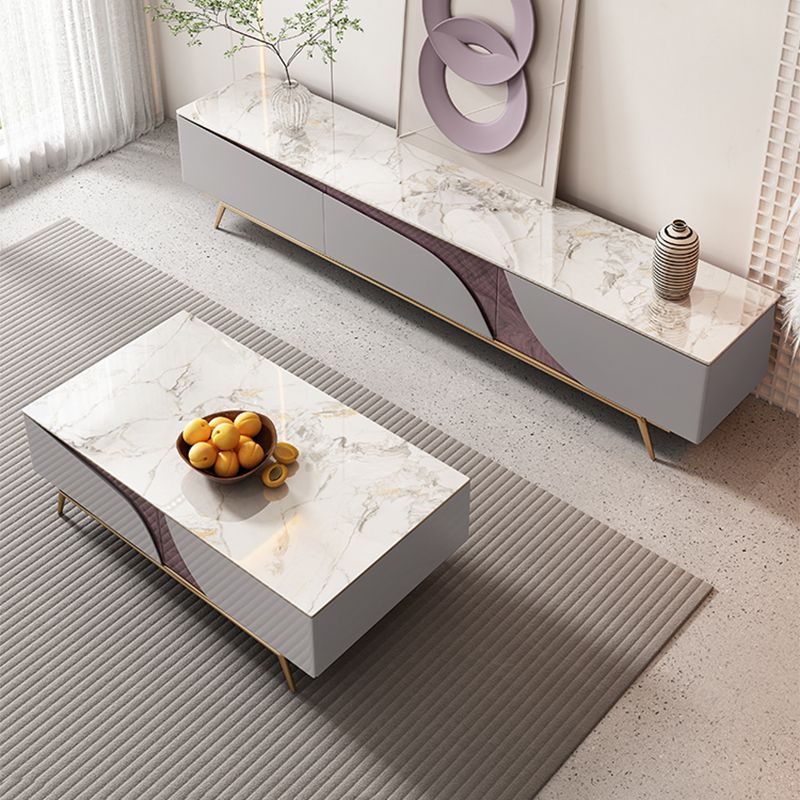 4 Legs Coffee Cocktail Table with Storage Drawers White Marble