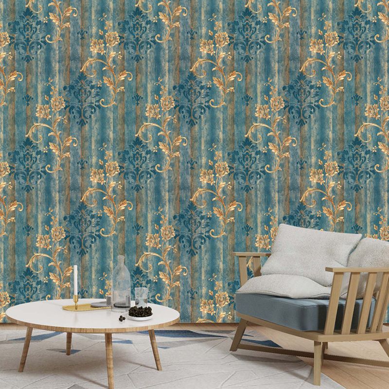 Satin Moisture Resistant Wallpaper European Flower Printed Wall Art in Antiqued Blue