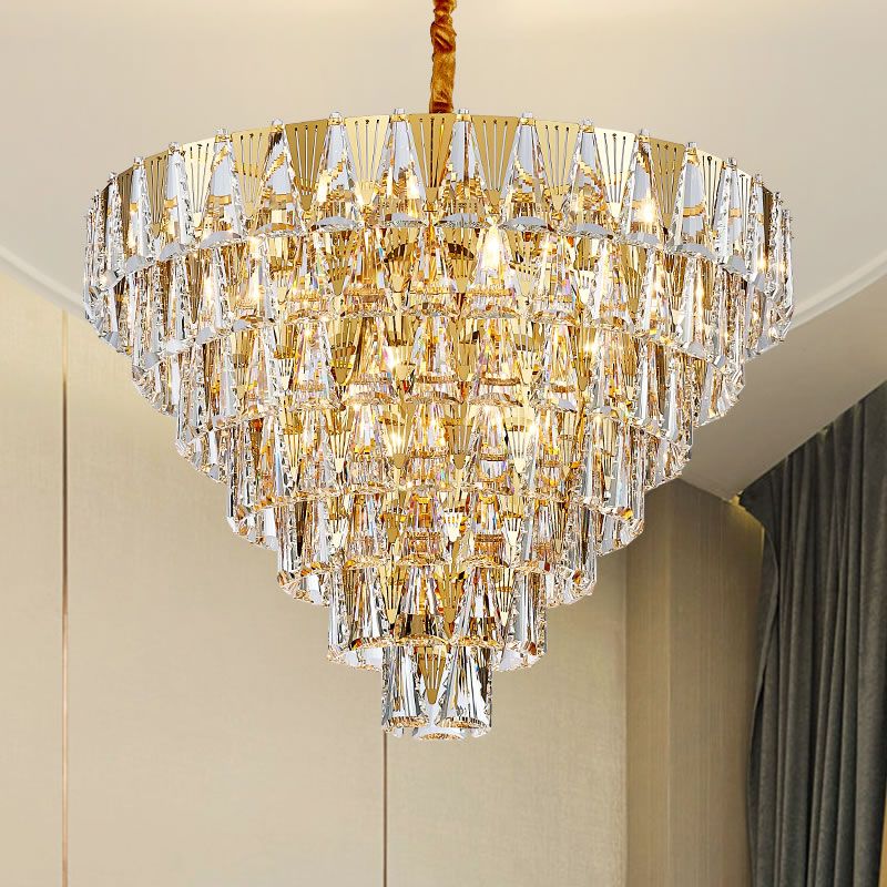 7 Tiers Chandelier Light Fixture Contemporary Crystal Block 10 Lights Gold Hanging Pendant