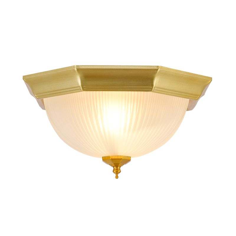 Gold Domed Flushmount Light Colonial Ribbed Glass 2 Lights Corridor Close to Ceiling Lamp