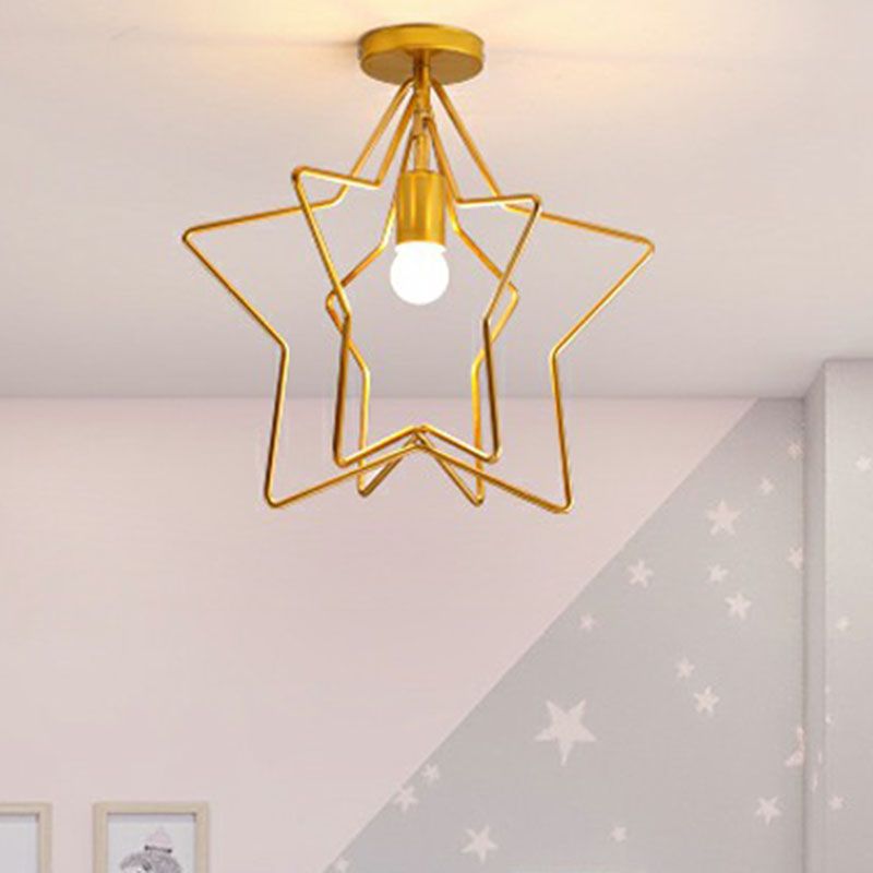 Industrial Star Semi Flush Mount Single Iron Flushmount Ceiling Light in Gold for Corridor