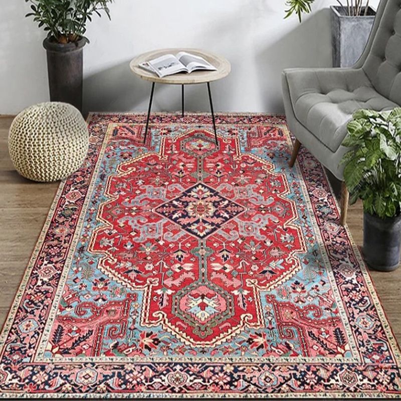 Persian Living Room Rug Multi Colored Geometric Carpet Polyester Pet Friendly Stain Resistant Anti-Slip Backing Rug with Braided Trim
