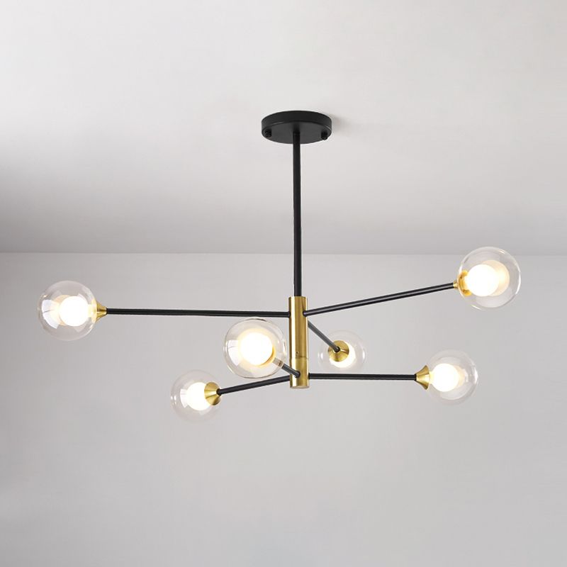 Postmodern 6/8 Lights Chandelier Lighting Black and Gold Branch Pendant Lamp with Ball Dual Clear Glass Shade