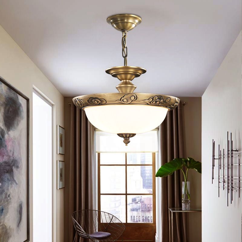 Bronze Bowl Suspension Light Antique Style White Glass Corridor Chandelier Pendant