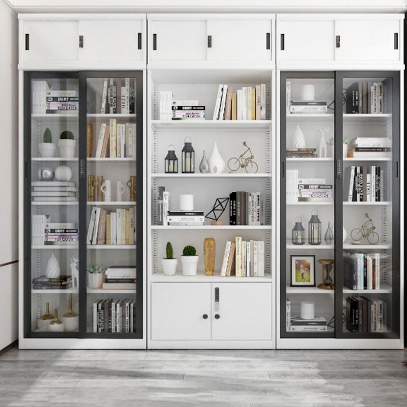 14.9" Wide Whit Bookcase Modern Stainless Steel and Glass Book Shelf With Doors