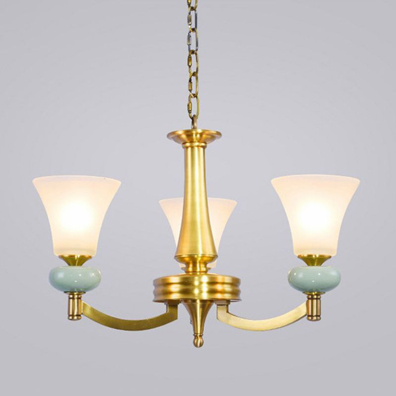 Vintage Flared Shade Chandelier Pendant Light Frosted Glass Hanging Light in Gold for Living Room