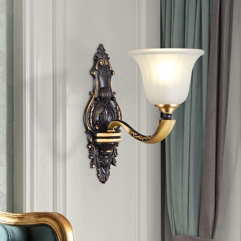 1/2-Bulb Bell Wall Mount Light Vintage Black and Gold Frosted White Glass Sconce for Bedroom