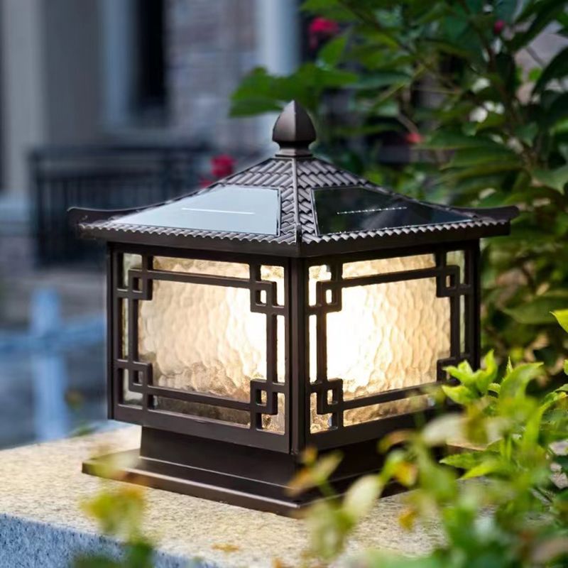 Rectangular Shape Metal Solar Pillar Lamp Modern 1 Light Outdoor Waterproof Light in Brown